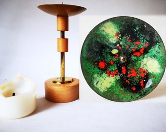 simple candlestick made of wood, metal and enamel, mid century, Danish teak, handmade, modern