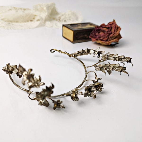 Vintage bridal crown Borcante tiara / patinated bridal wreath / filigree headband / silver wedding / silver wedding