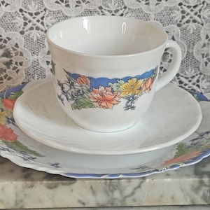 Könnte beinhalten: Ein weißes Tee-Set mit floralem Design. Die Tasse und Untertasse haben einen blauen Rand mit bunten Blumen. Das Set steht auf einem weißen Teller mit gewelltem Rand.