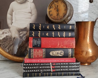 9 old books / vintage books / novels / RETRO book stack / black and red / book decoration / German language