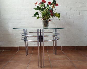 Vintage Glastisch / Ø 80 cm / niedriger Wohnzimmertisch / Lounge Tisch / Couchtisch - Chrom und Glas