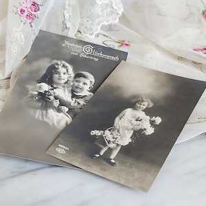 2 old postcards with children's motif / written greeting cards / black and white photo / old photos / cabinet photo