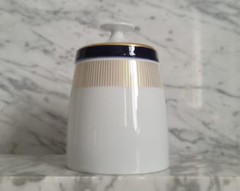 Vintage sugar bowl / lidded box by Lichte Porzellan / blue and gold / GDR tableware