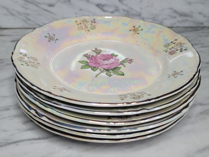 6 vintage cake plates / dessert plates / breakfast plates / Kahla porcelain / mother-of-pearl decor / 1970s / old series: rose and mother-of-pearl image 9