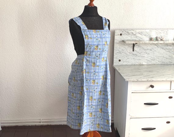 Vintage apron with straps / waist apron / light blue kitchen apron / cooking apron / box apron / baking apron / cotton apron