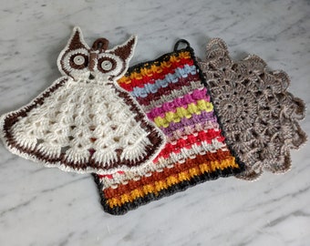 3 colorful pot holders - crocheted dishcloths and pot holders - handmade