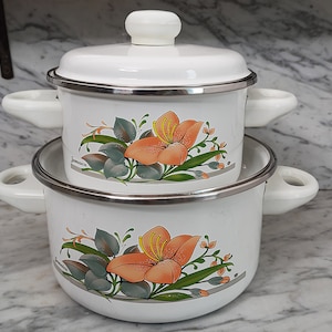 Retro kookpot / 2 emaille potten / emaille pannenset / pot met deksel / jaren 90 / lelies - Jamaica