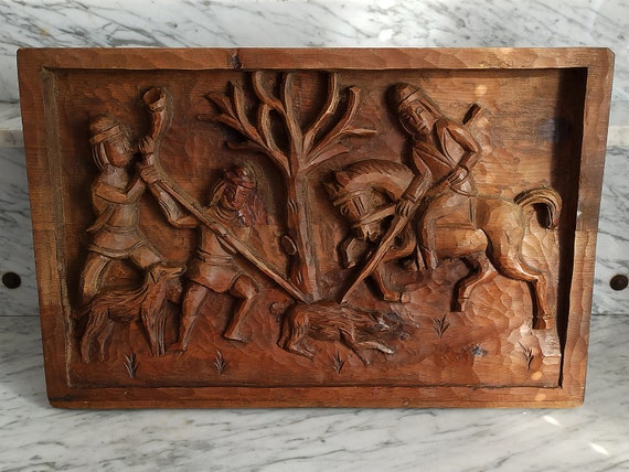 Large, Old Relief Image / Carving / Wood Relief / Hunting Motif / Carved  Image 