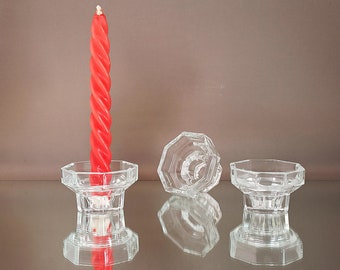 3 Stück Kerzenhalter / 8eckig / achteckige Kerzenständer aus Glas / 1990er