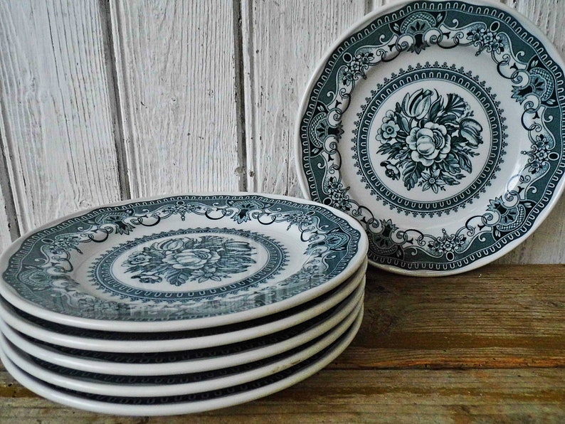 porcelain made in Germany Green pattern 6 retro plates 7,5 Hutschenreuther plate