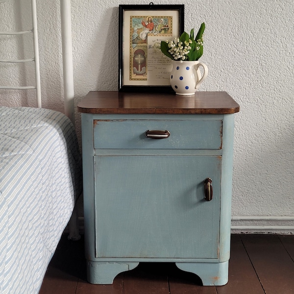 oude ladekast/kast/nachtkastje/nachtkastje - blauw - antiek blauw - brocante stijl - shabby chic