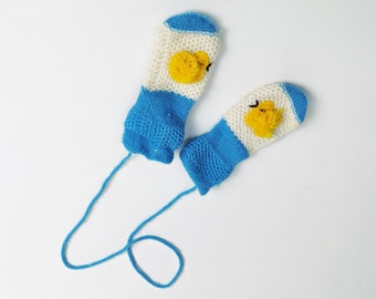 light blue baby gloves / mittens with ribbon / knitted with bird / doll gloves