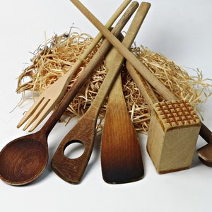 6 Rustic WOODEN kitchen helpers / whisk / wooden spoon / cooking spoon / masher / beater / kitchen utensils