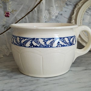 Könnte beinhalten: Weiße Keramik-Toilette mit einem blauen und weißen Blumenmuster am Rand. Die Toilette hat einen großen Griff.