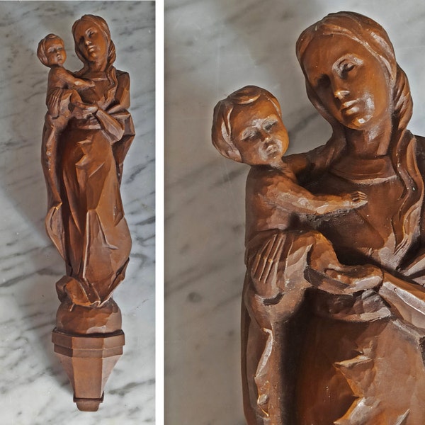 Heilige Madonna mit Kind / religiöser Wandbehang / geschnitztes Reliefbild aus Holz / Maria mit Kind Jesus / Christkind Mutter und Kind