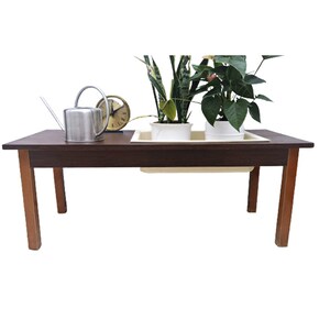 May include: A dark brown wooden table with a built-in planter box. The planter box has two potted plants, one with green leaves and the other with green leaves and pink flowers. A silver watering can and a clock are on the table.