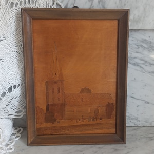 Rural church intarsia picture / wooden mural / woodcut / wooden picture from the 50s / Remels Ostfriesland