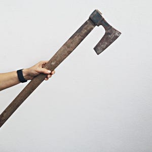 Può includere: Una persona che tiene un'ascia con manico in legno e lama in metallo curva. L'ascia è marrone e la lama è arrugginita.