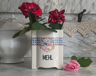 Vintage storage jar for flour without lid / storage container, ceramic vase / Art Nouveau style / fine ceramics / rose decoration