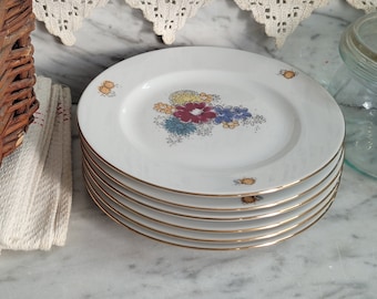 6 breakfast plates / cake plates with flowers / small plates / GDR tableware / Henneberg - porcelain - Ilmenau