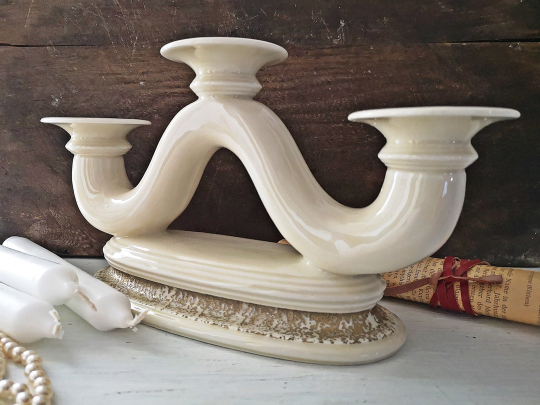 White Porcelain Candlestick With Gold Rim, Candle Holder, White, Cream ...