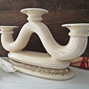 white porcelain candlestick with gold rim, candle holder, white, cream, gold, 3-flame