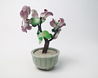 Vintage Jade Bonsai Tree / Artificial Flower / Magnolia / Glass 12 cm high / Round Celadon Pot / Bowl