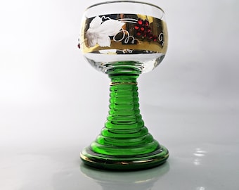 Vintage Roman glass with red rhinestones / trumpet foot Roman glass / vintage wine glass with gold decoration and green trumpet foot / Roman wine glass