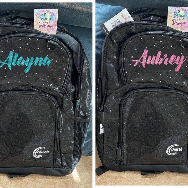 Black Sparkle Personalized Chasse Glitter Backpacks - Choose Cheer, Dance, Gymnastics, School Sports & more - Rhinestone Option