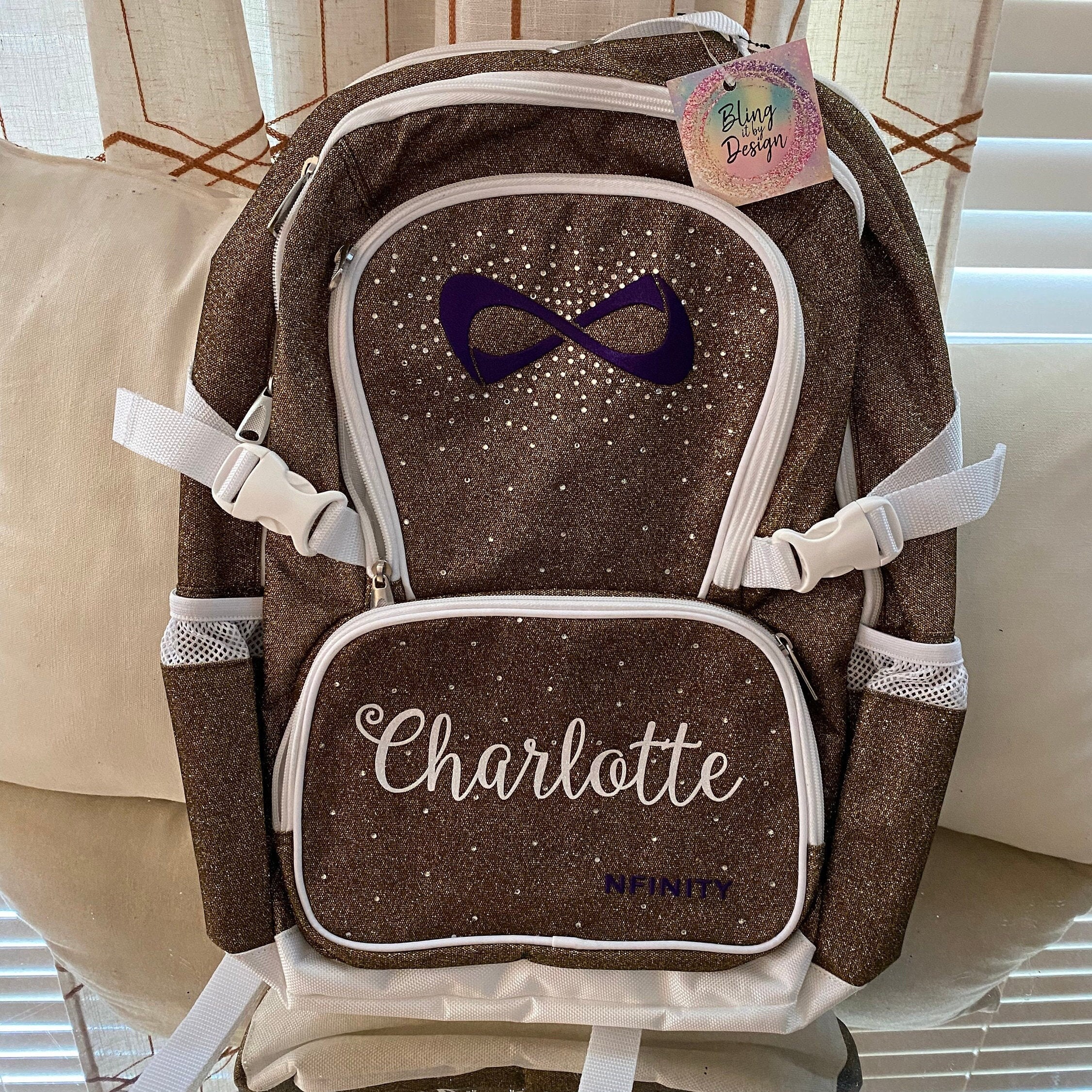 Nfinity Gold Solid Sparkle Backpack With Purple Logo Includes Personalization Etsy