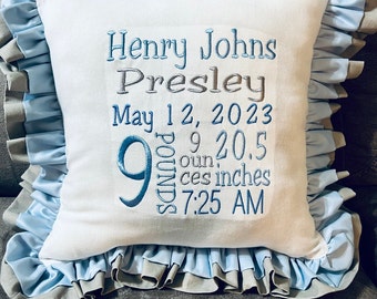 Personalized Birth Announcement Pillow with ruffle edging, 16” Embroidered Pillow, Birth Information Embroidered Pillow, Embroidered Pillow.