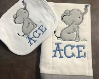 Personalized Baby Boy Matching Elephant Bib and Burp Cloth, Baby Shower gift, Personalized Embroidered Baby Gift