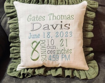 Personalized Birth Announcement Pillow with ruffle edging, 16” Embroidered Pillow, Birth Information Embroidered Pillow, Embroidered Pillow.