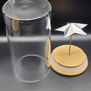 May include: A clear glass terrarium with a wooden base and a small silver origami star on a wire stem. The terrarium is cylindrical and open at the top. The wooden base has a light brown top and a white ring.
