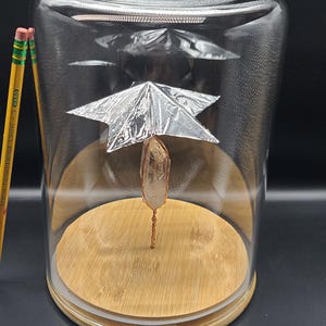 May include: A clear glass cloche with a wooden base houses a crystal suspended by a copper wire. A silver foil umbrella is positioned above the crystal. A yellow pencil with a pink eraser rests on the side.