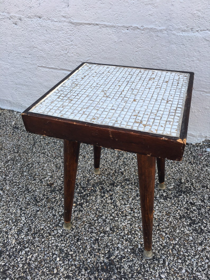 Atomic tiled wood MCM side table with wood black legs image 3
