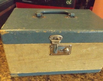 vintage flat top blue on tan train case with storage  farmhouse travel wedding cardboard
