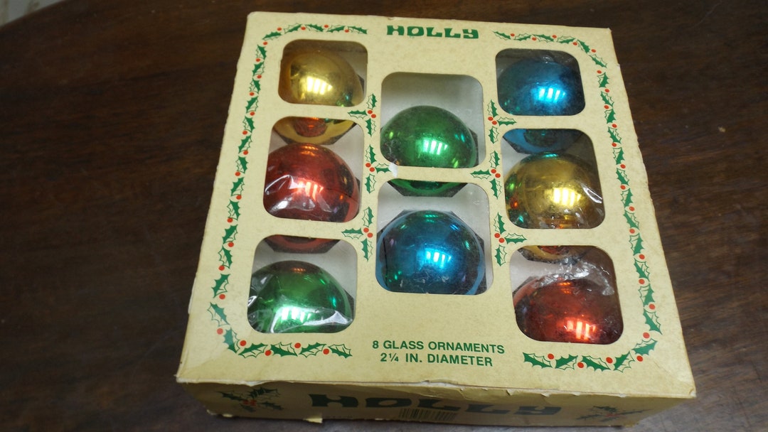 Holly Glass Ornament Retro Xmas Tree Christmas Vintage Box of 8 Etsy