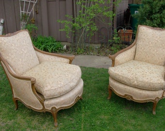 Antique pair of slipper chairs curved shaped back creme tapestry down filled seats boudoir farmhouse wedding
