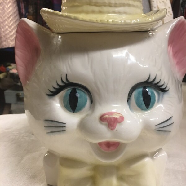 Darling vintage kitty cat cookie storage jar with straw hat and dogwood flower retro