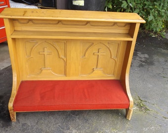 Mid century modern double kneeler in light oak wood with red velvet cushioin fabric church furniture