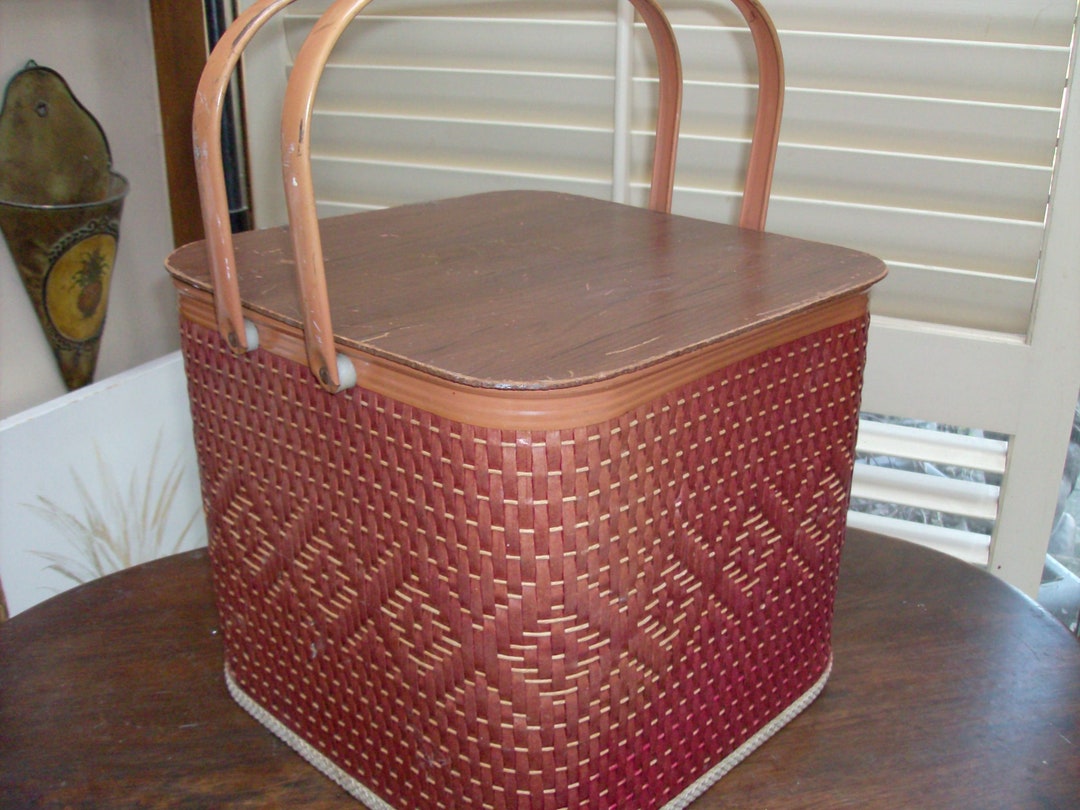 Vintage Square Picnic Basket Medium Size Red Metal Handles Etsy