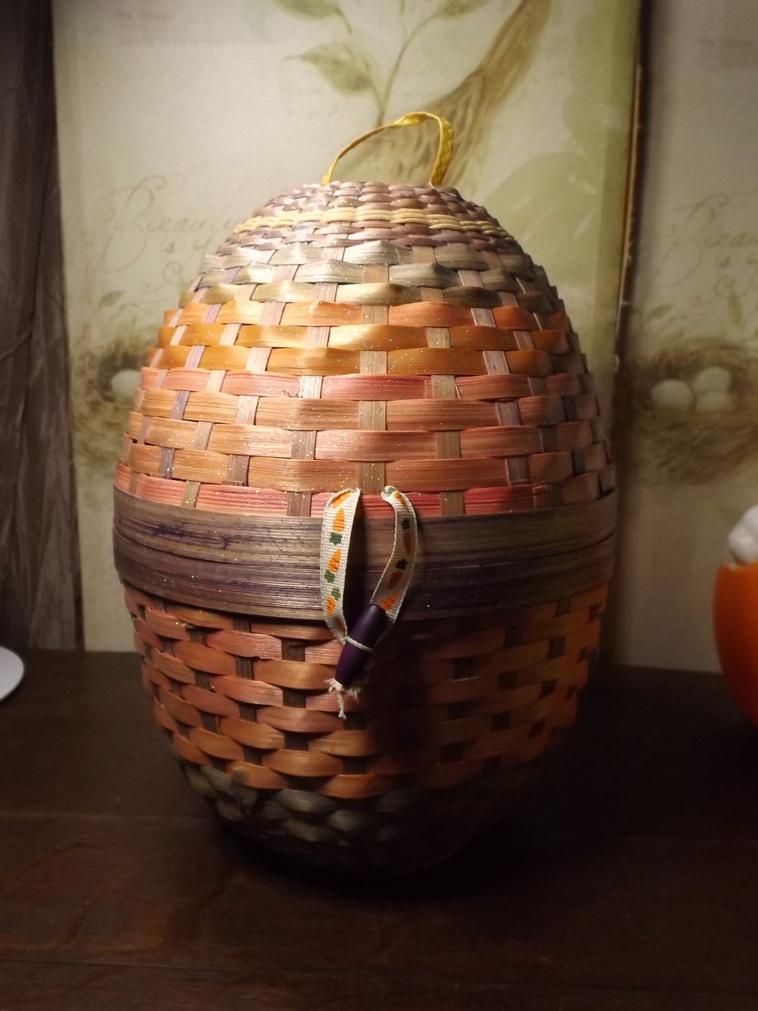 Vintage Wicker Easter Egg Shaped Basket Large Size With Pastel Etsy