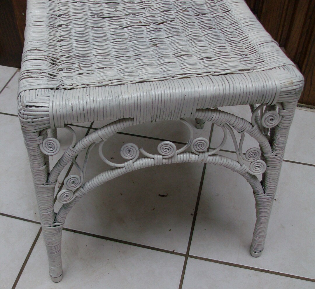 Retro White Wicker Square Table With Scroll Sun Room Porch Etsy