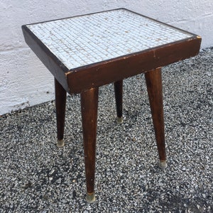 Atomic tiled wood MCM side table with wood black legs image 1