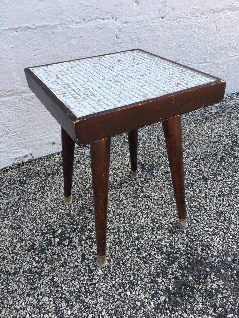 Atomic tiled wood MCM side table with wood black legs image 1