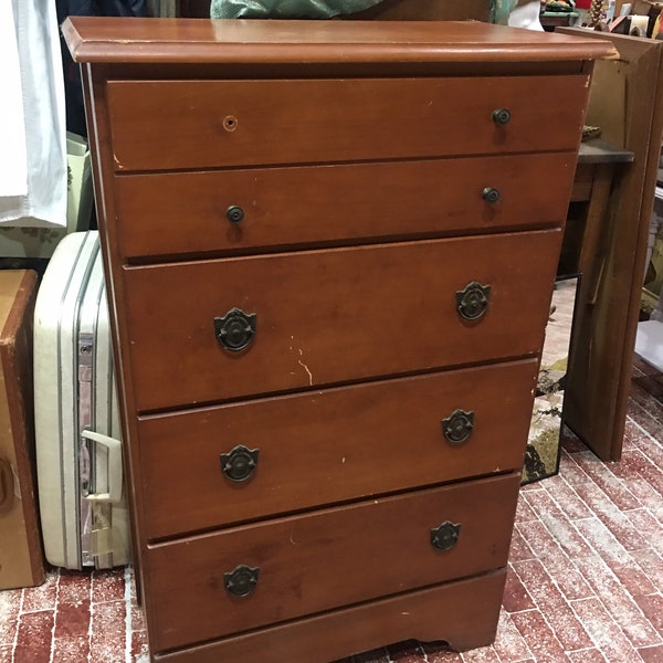 MCM wood narrow dresser amber color 4 drawer