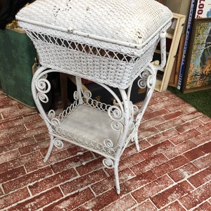 Wicker white sewing cabinet stand storage ornate detail drink stand