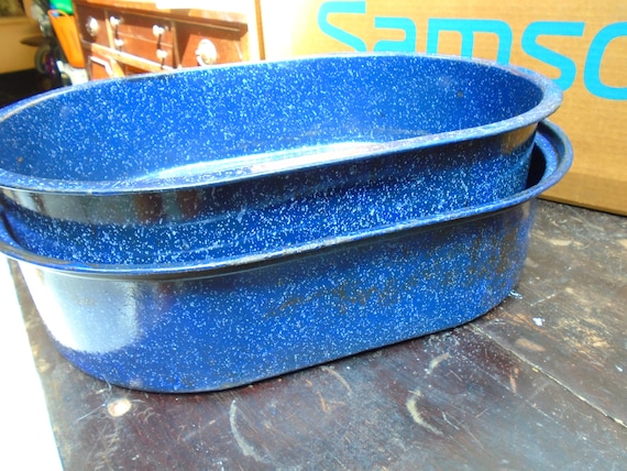 Vintage Cobalt Blue, White Speckle Enamelware, Six Pieces