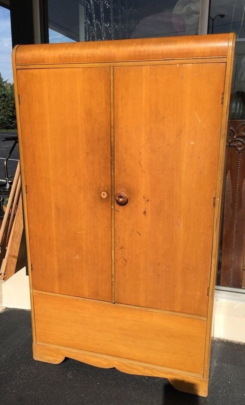 Autumn Sale Vintage Art Deco Waterfall Front Cedar Wardrobe Closet Storage Small Bedroom Two Door